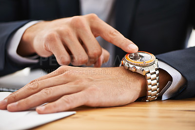 Buy stock photo Businessman, closeup and pointing to watch on hand with reminder of appointment on schedule or agenda. Busy, entrepreneur and check the time on clock and planning timeline for day with wristwatch