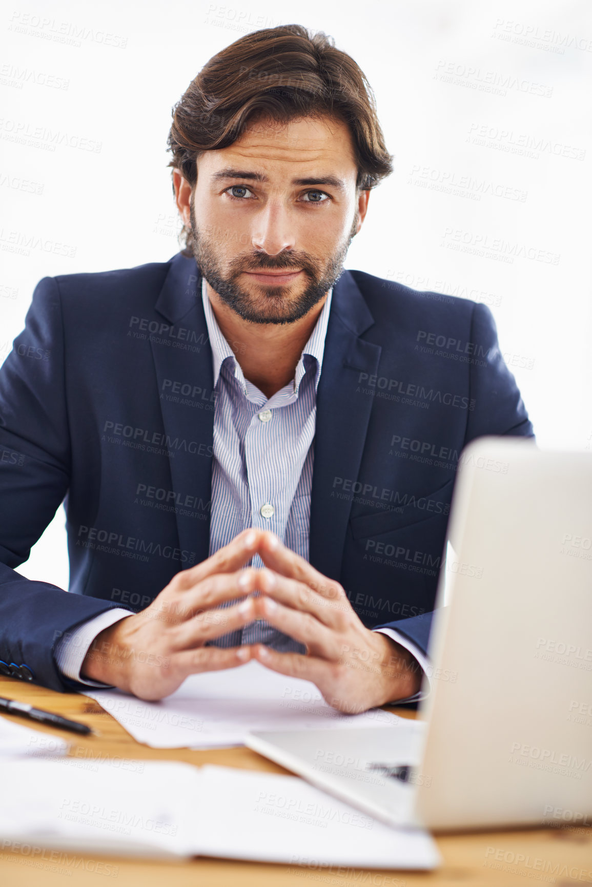 Buy stock photo Investor, portrait and businessman on laptop in office with project and research on stocks. Investment, review and planning on computer with email, communication or analysis of information on website