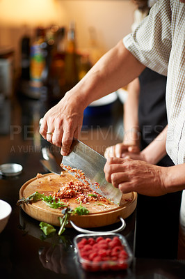 Buy stock photo Senior couple, hands cooking together and healthy food, love and marriage with fresh vegetables in home. Meal prep, old man and woman in kitchen with support, diet and salad for dinner in apartment.