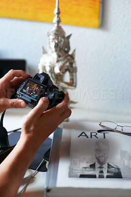 Buy stock photo Camera screen, man or hands of photographer in home with creativity in pictures or photo results. Photography, blog or closeup of man with art after photoshoot production for editing review or memory