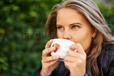 Buy stock photo Woman, thinking and relax with coffee in garden to drink, espresso or latte outdoor in morning. Calm, happiness and person with tea, cup and brunch in summer with freedom, peace or planning day