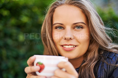 Buy stock photo Portrait of a beautiful teen holding a cup of coffee