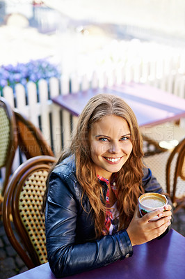 Buy stock photo Portrait, happy and woman at outdoor cafe, drink and restaurant table. Face, smile and person at coffee shop with tea cup, espresso and customer with latte to relax in city cafeteria in Switzerland