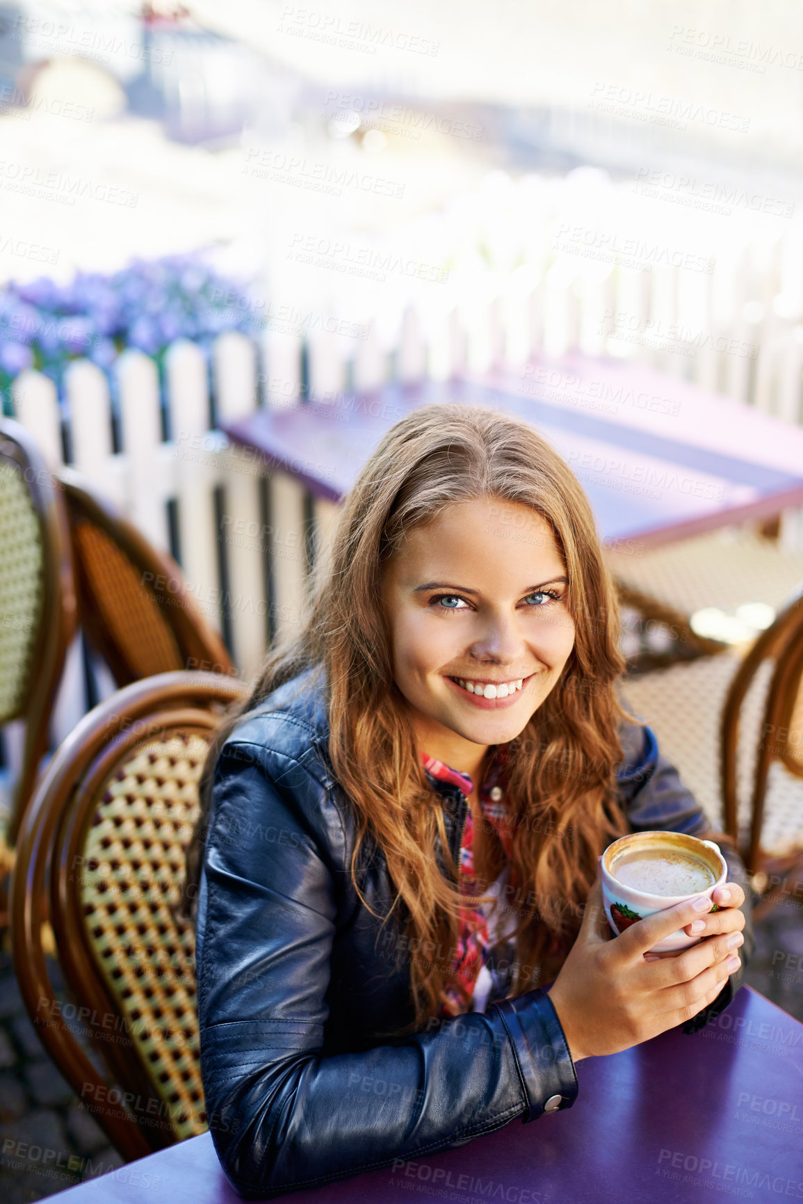 Buy stock photo Portrait, happy and woman at outdoor cafe, drink and restaurant table. Face, smile and person at coffee shop with tea cup, espresso and customer with latte to relax in city cafeteria in Switzerland