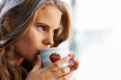 Buy stock photo Woman, thinking and drink at coffee shop with espresso, latte or relax in city, cafe and restaurant. Calm, mindset and person with green tea, cup and brunch in morning with freedom and peace