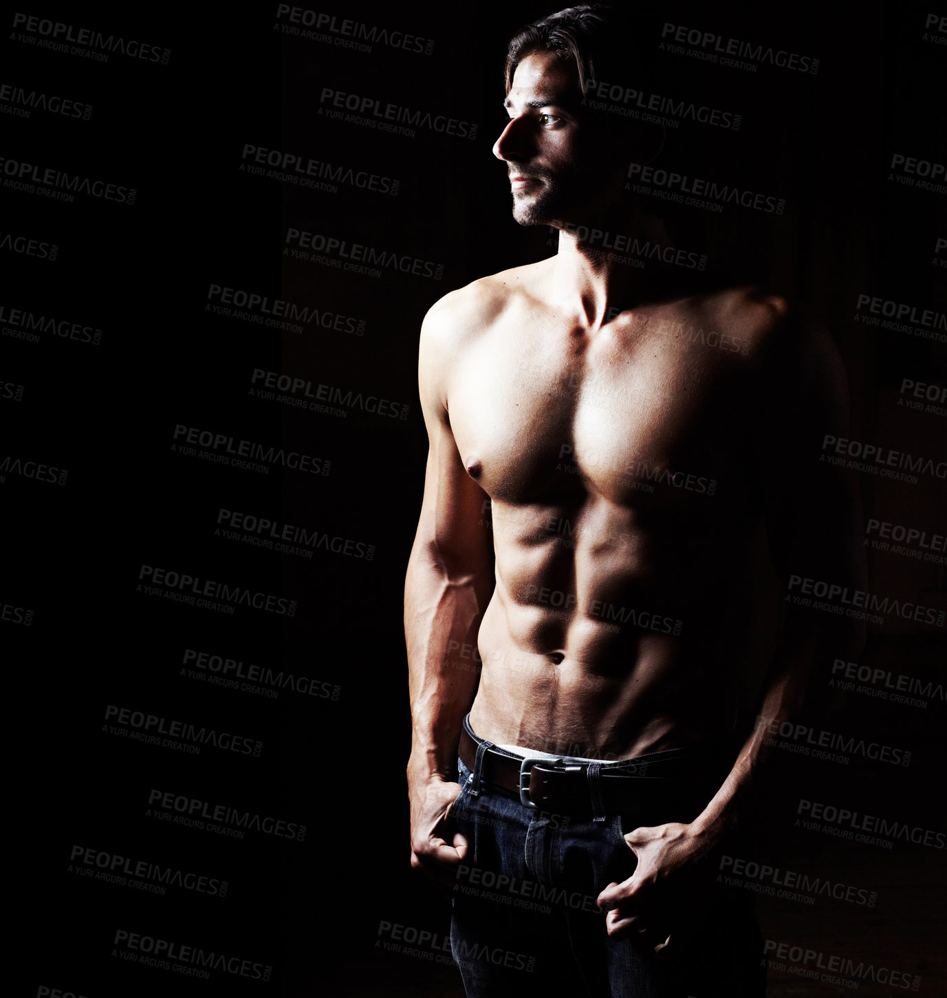 Buy stock photo Body muscle, thinking and strong man with abs in studio isolated on a black background mockup space. Sexy, bodybuilder and serious athlete workout, training or exercise for power, fitness and health