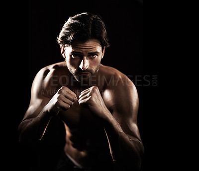 Buy stock photo Portrait, body of man and boxer fight in studio isolated on a black background. Face, boxing and muscle of topless athlete with fist ready for exercise, training or workout, sport and combat fitness