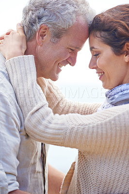 Buy stock photo Couple, face and laughing in nature with hug for romance, love and relationship outdoor with date. Mature, man and woman or embrace with happy, marriage and joyful for bonding, honeymoon and support 