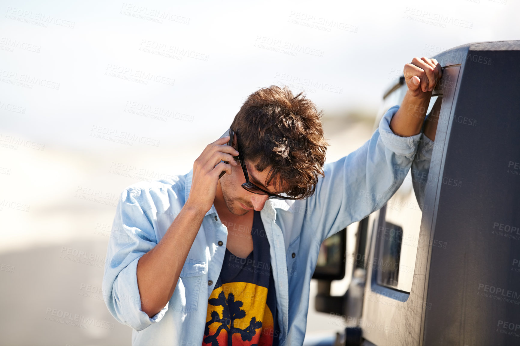 Buy stock photo Roadside assistance, phone call and man by car in conversation, travel or journey outdoor. Smartphone, help and person with truck breakdown, transportation insurance or emergency problem on road trip