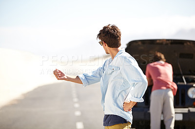 Buy stock photo Men, car or hitchhike for breakdown in road with crisis, engine problem or frustrated for help in desert. People, roadtrip or stress for assistance on adventure, journey or travel in nature or street