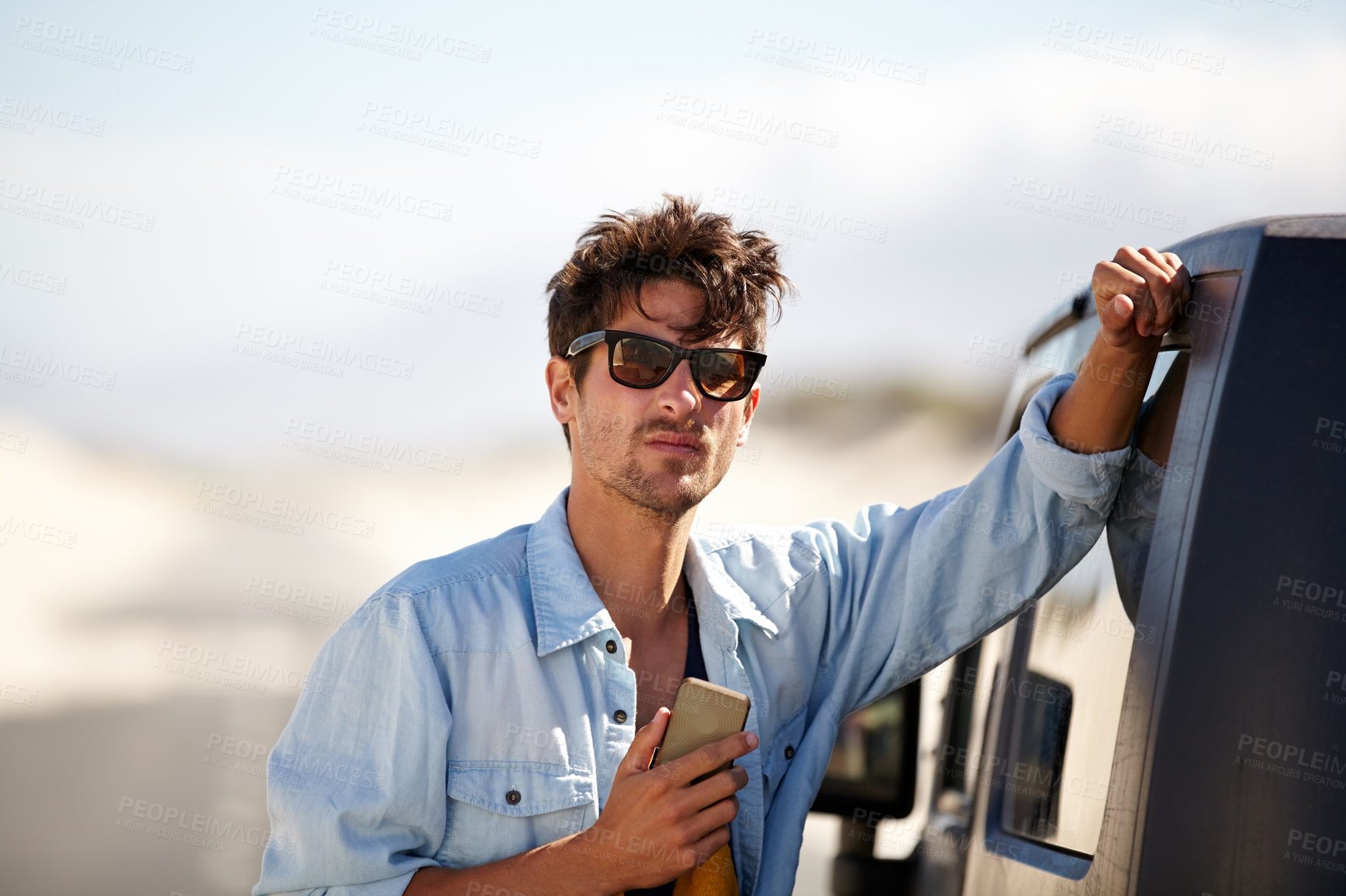 Buy stock photo Car road trip, mobile phone or man looking at direction, route and waiting for SUV support, vehicle help or automobile service. Cellphone, motor van or driver search transport booking, GPS or map app