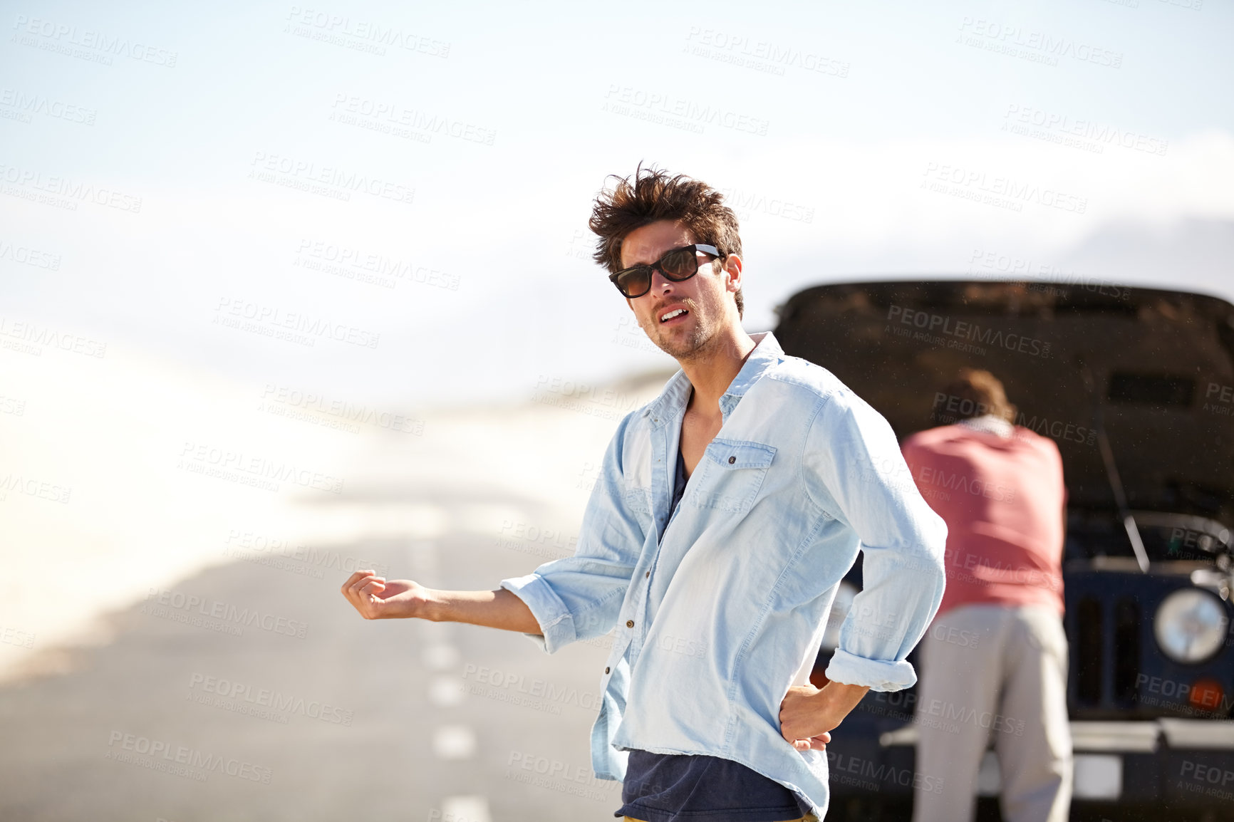 Buy stock photo Men, car or thumbs up for breakdown or help with crisis, engine problem or frustrated on road. Adult, roadtrip or stress for assistance or search on adventure, journey or travel in nature or street