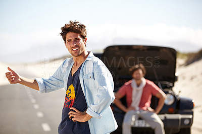 Buy stock photo Men, transport or hitchhiker for breakdown in road with crisis, engine problem or frustrated in desert. People, roadtrip or stress for assistance on adventure, journey or travel in nature or street