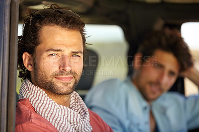 Buy stock photo Car road trip, travel portrait and man on journey, adventure or motor transportation for friendship vacation, tour or getaway. Moving automobile, relax passenger face and person driving in SUV van