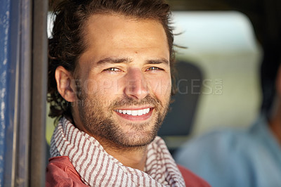 Buy stock photo Car road trip, travel portrait and happy man on journey, adventure or motor transportation for holiday vacation. Moving automobile, happiness and face of passenger, driver or tourist smile in SUV van