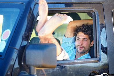 Buy stock photo Road trip, man or feet on window of transport for relax, peace and adventure with travel or destination. Person, tourist or traveler with chilling on vacation, holiday or traveling journey in nature