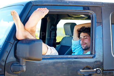 Buy stock photo Relax, man or feet on window of car for sleeping, peace and adventure with travel or destination. Person, tourist or traveler with chilling in van on vacation, holiday or traveling journey in nature