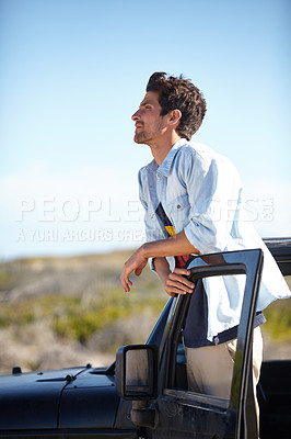 Buy stock photo Travel, man with a car and on a road trip in the nature outdoors, Summer vacation or holiday break, freedom or travelling and male person with vehicle for transportation for journey adventure