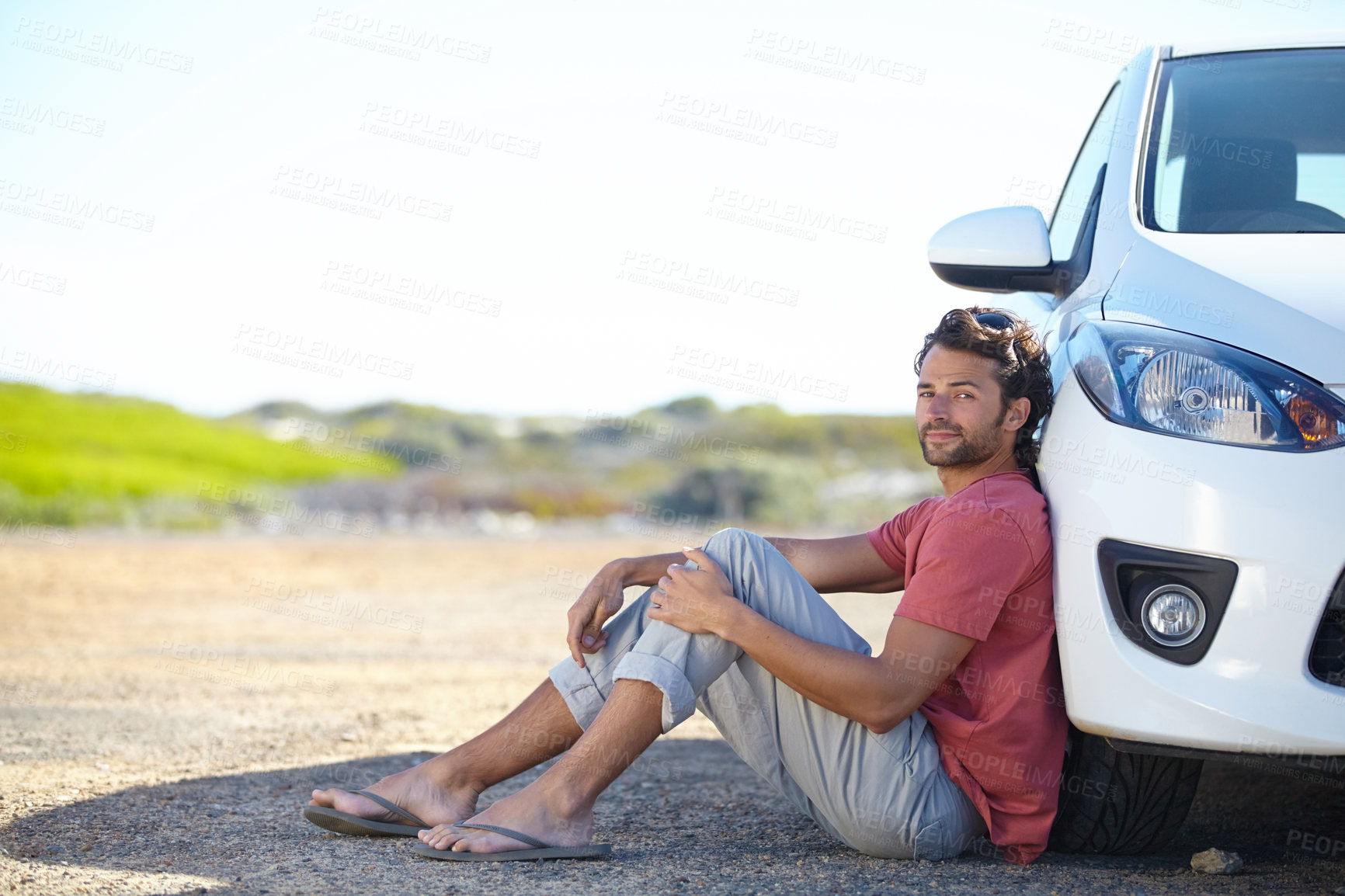 Buy stock photo Portrait, man and car breakdown on road with engine problems waiting for tow truck to help with emergency. Stress, male person and motor crisis for mechanic repair, insurance and vehicle damage