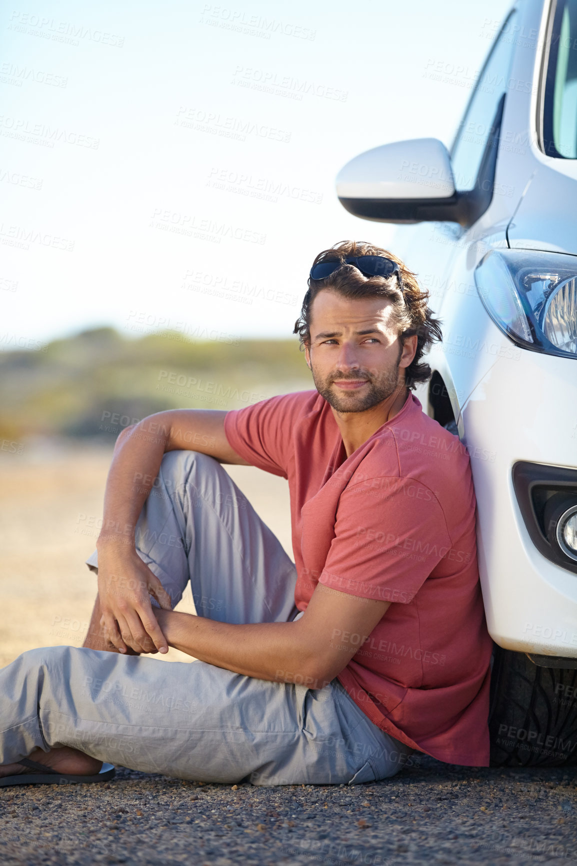 Buy stock photo Male person, car and breakdown on road with engine, street and waiting for tow truck to help with transport emergency. Stress, man and motor crisis for mechanic repair, insurance and vehicle damage