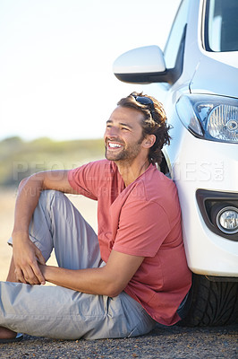 Buy stock photo Car road trip, ground and happy man relax, sitting and smile for journey, adventure or motor transportation in Australia. Automobile, SUV vehicle and person smile, rest and break on outdoor dirt road