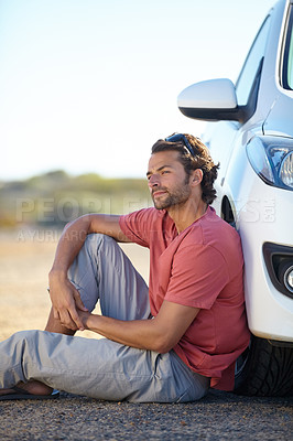 Buy stock photo Man, car and breakdown on road with engine, street and waiting for tow truck to help with transport emergency. Driver, male person and motor crisis for mechanic repair, insurance and vehicle damage