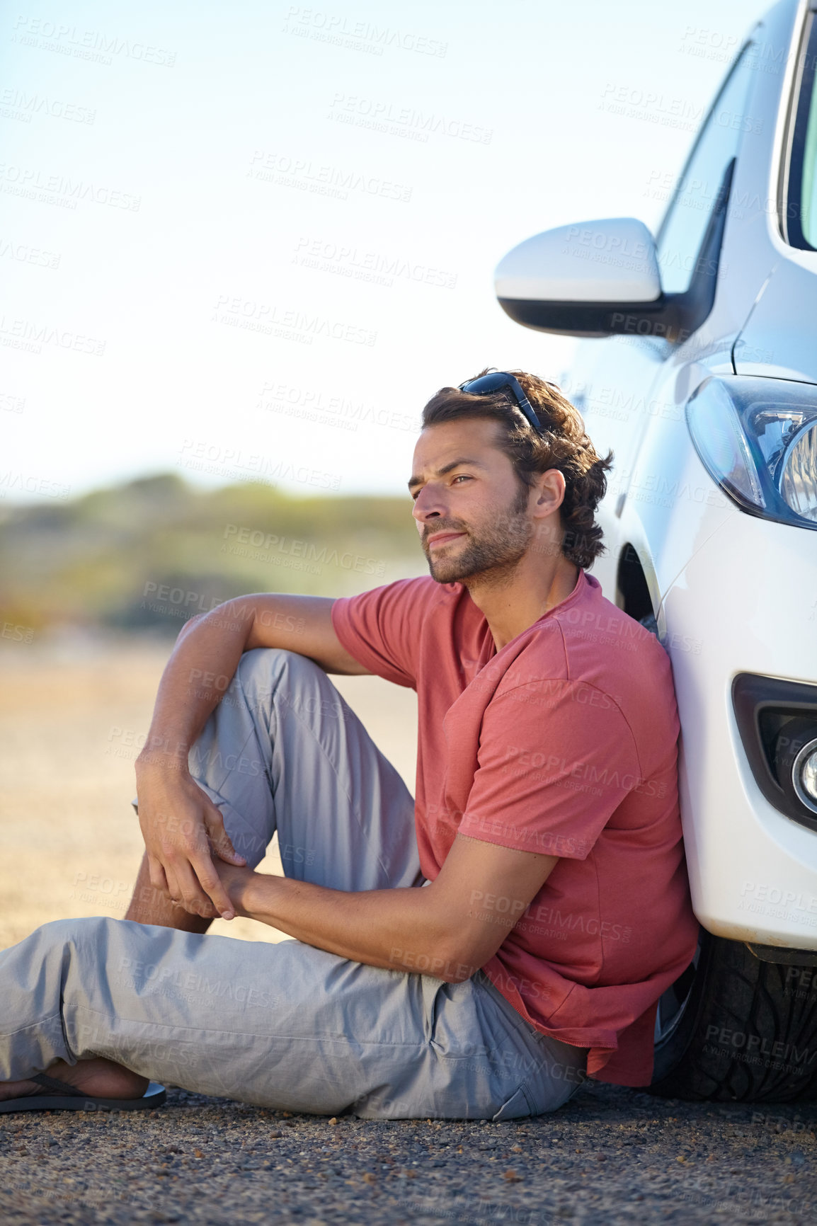 Buy stock photo Man, car and breakdown on road with engine, street and waiting for tow truck to help with transport emergency. Driver, male person and motor crisis for mechanic repair, insurance and vehicle damage