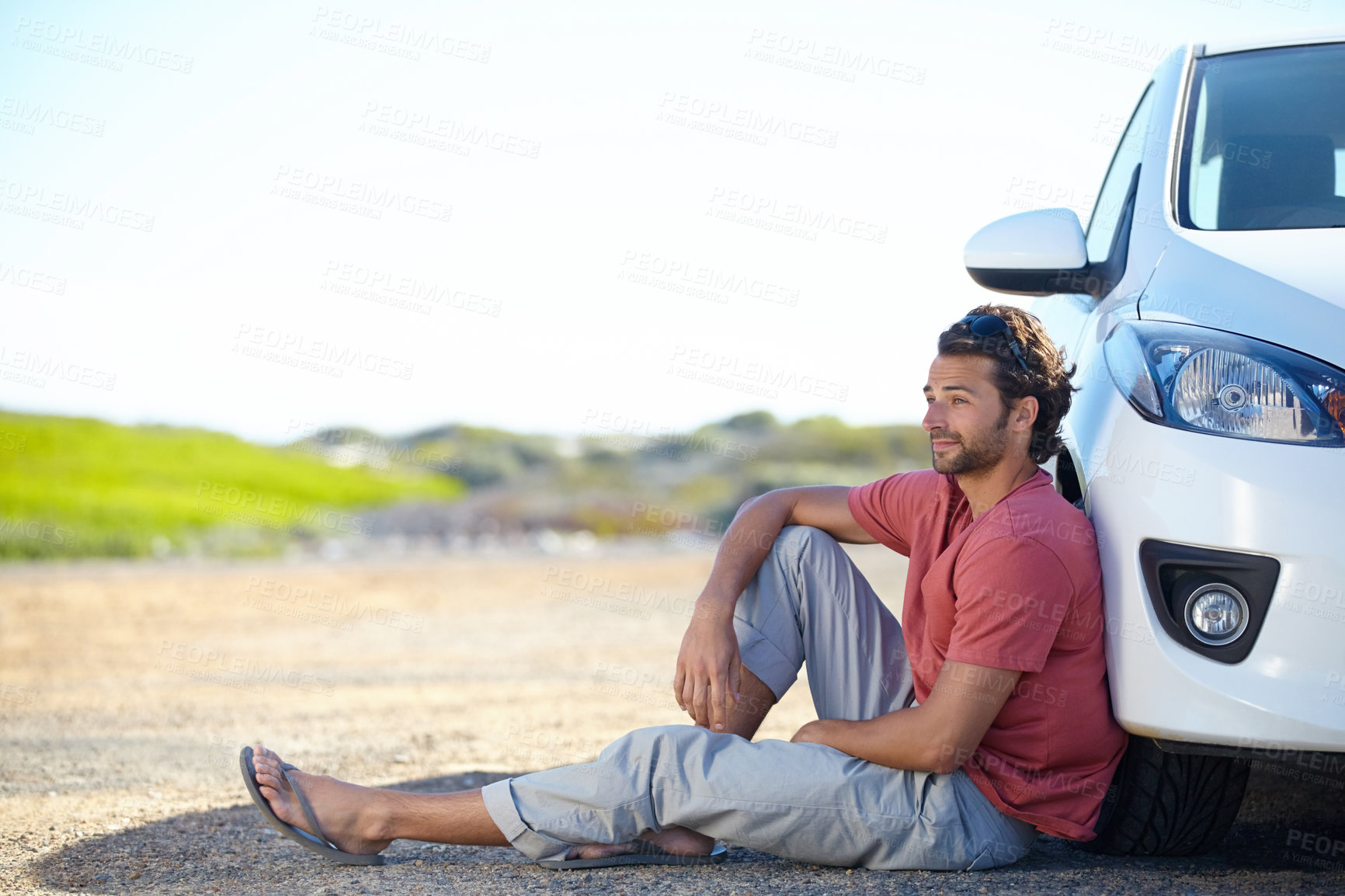 Buy stock photo Thinking, man and breakdown of car on road, problem and waiting for help with mockup space outdoor. Transportation, engine fail and driver with motor vehicle on journey, travel or roadside emergency