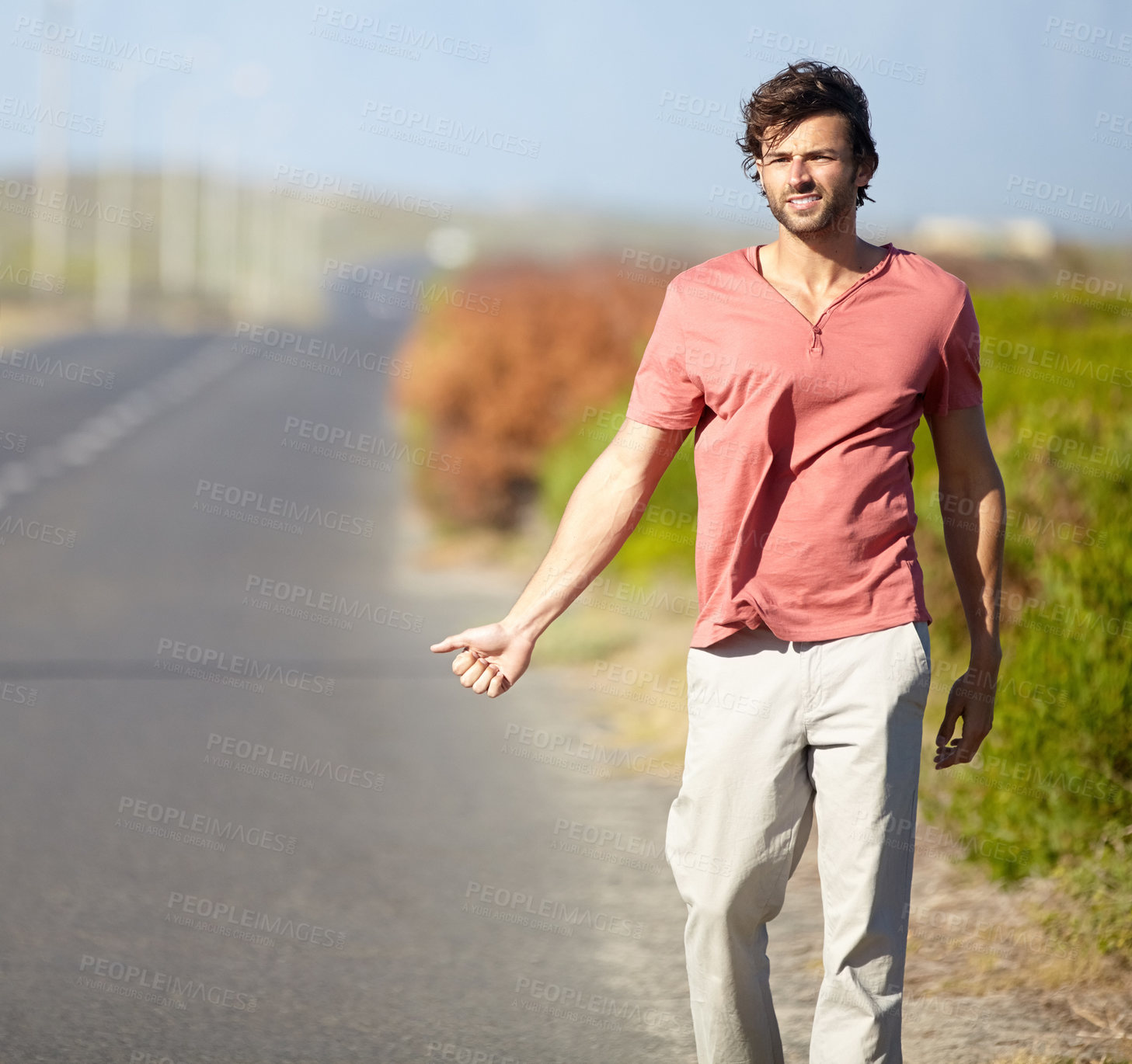 Buy stock photo Man, hitch and hiking on road for travel, journey and adventure in countryside. Male person, tourist and trip with outdoor, highway and sign for cars, motorists or lift on vacation or backpacking