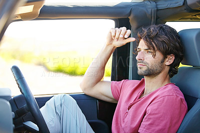 Buy stock photo Car road trip, travel and man looking at direction, detour way and thinking of destination route, journey path or vacation choice. Automobile, adventure and motor transportation person driving in van