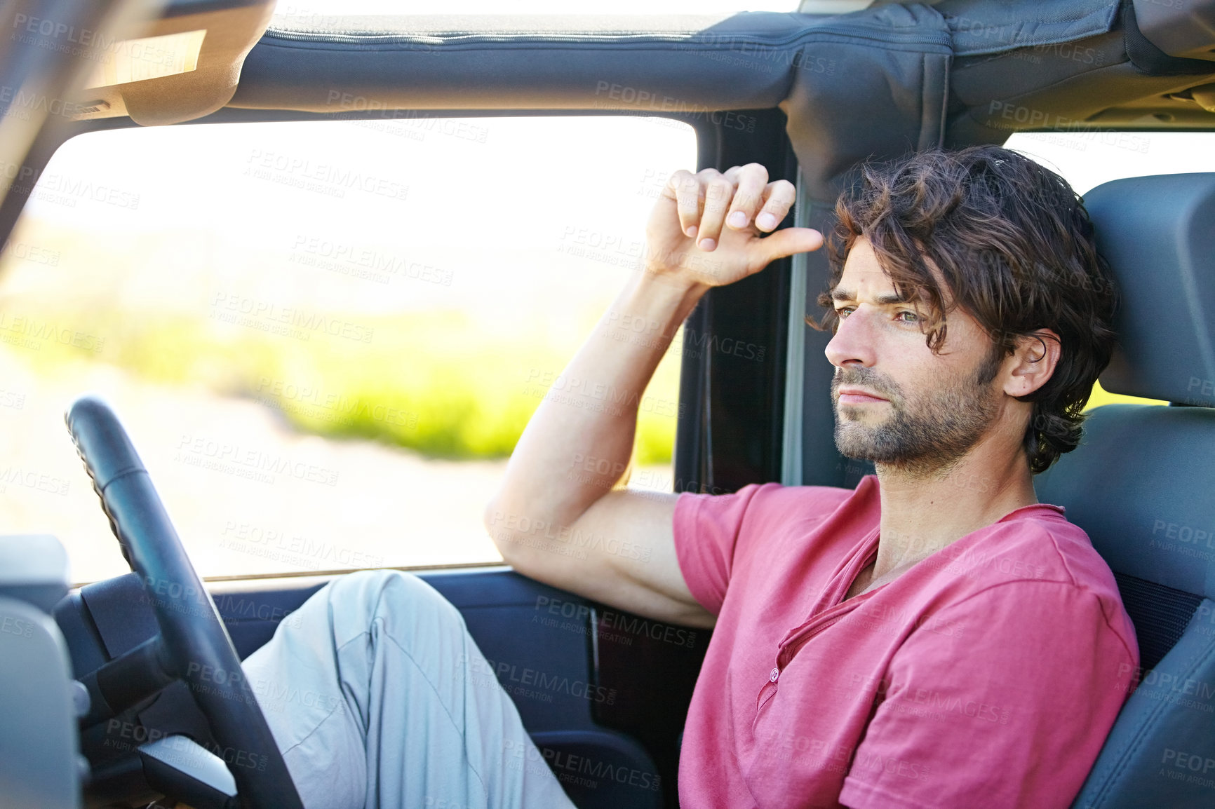 Buy stock photo Car road trip, travel and man looking at direction, detour way and thinking of destination route, journey path or vacation choice. Automobile, adventure and motor transportation person driving in van