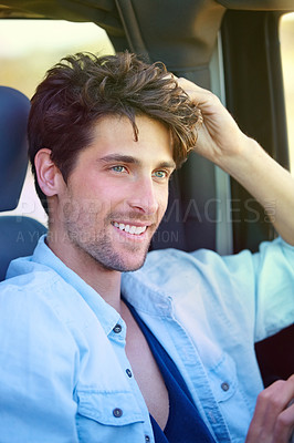 Buy stock photo Car road trip, happiness and face of man on journey route, travel adventure or tour of Spain. Auto vehicle driver, happy tourist and person relax, rest or on driving wellness break in outdoor parking