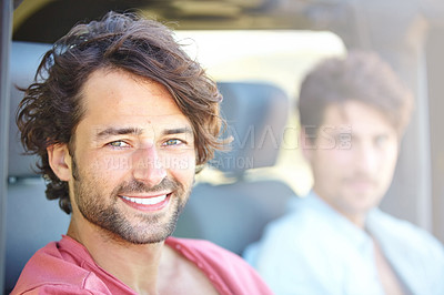 Buy stock photo Car road trip, happy man and portrait of friends, driver or passenger on journey, weekend adventure or Greece tour. Auto vehicle, face and people smile for outdoor driving, street travel or transport