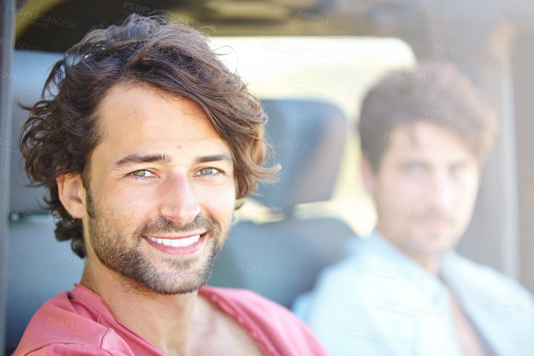 Buy stock photo Car road trip, happy man and portrait of friends, driver or passenger on journey, weekend adventure or Greece tour. Auto vehicle, face and people smile for outdoor driving, street travel or transport