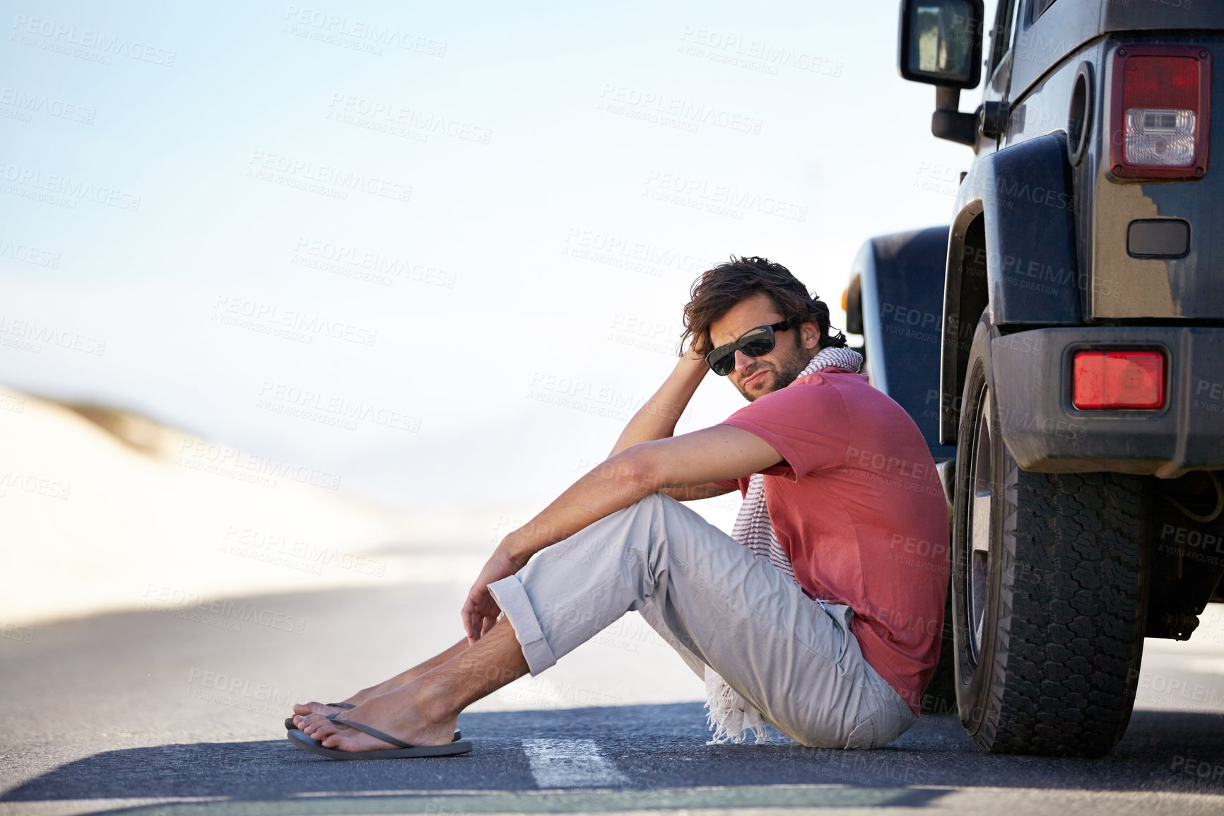 Buy stock photo Breakdown, desert and man at car on road trip with emergency, travel and desert adventure for summer vacation. Transport, holiday journey and driver waiting at van with problem, suv and countryside.