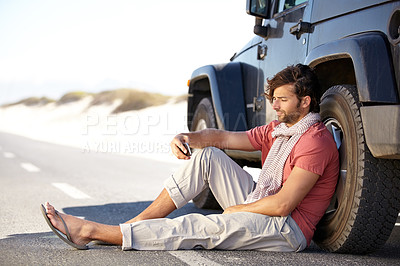 Buy stock photo Car road trip, cellphone and man reading online map, location or vehicle support service, time or schedule on outdoor journey. Smartphone, transportation fail or person check travel app or guide