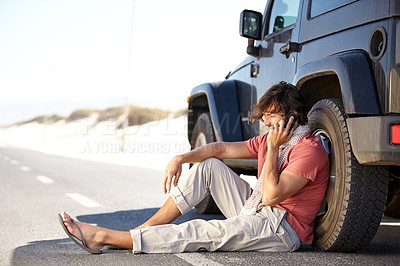Buy stock photo Road trip, phone call and man by truck for help, conversation and travel outdoor. Smartphone, roadside assistance and person with motor car breakdown, transport insurance and driver report emergency