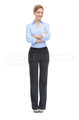 Buy stock photo Leadership, business fashion and portrait of woman with smile and motivation for startup success on white background. Corporate fashion, professional confidence and happy woman ceo standing in studio