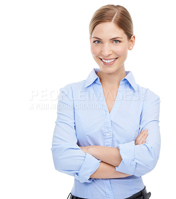 Buy stock photo Portrait, face and business woman with arms crossed in studio on white background mockup. Leadership, boss and smile of happy, confident or proud female ceo from Canada with vision or success mindset