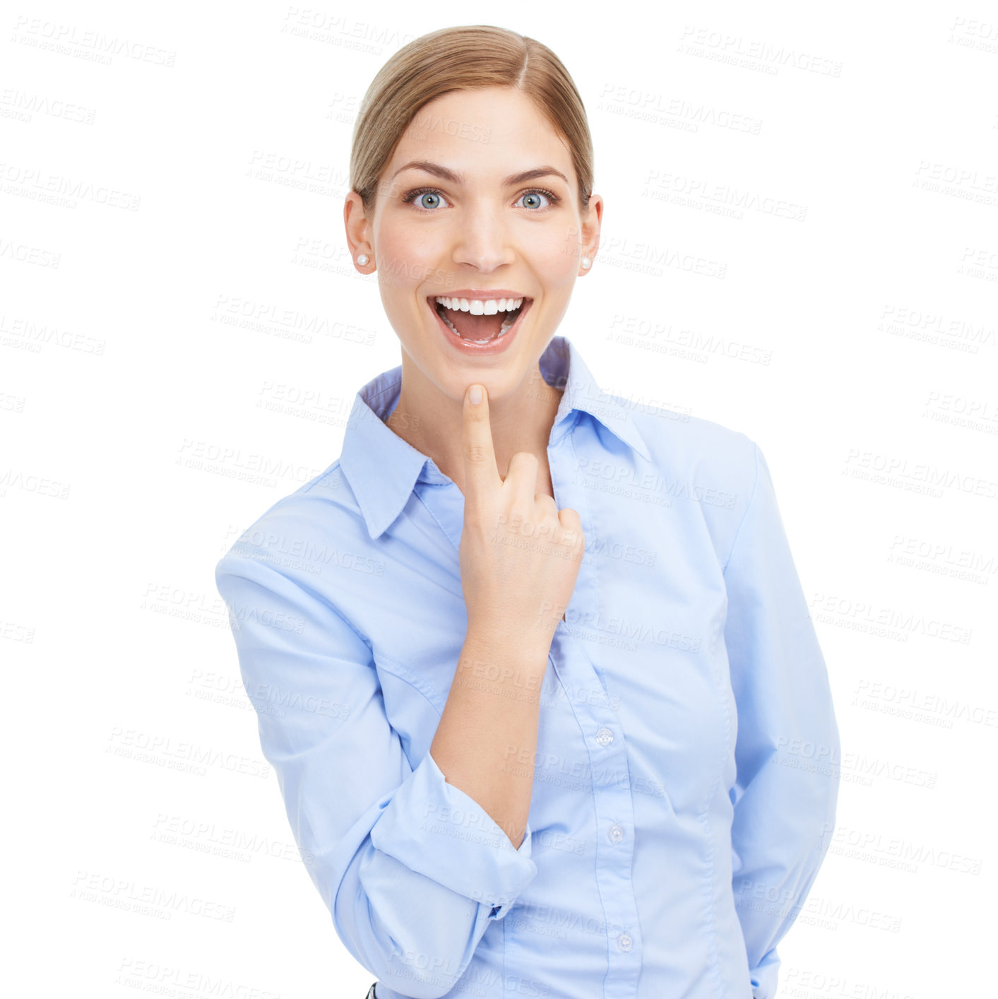 Buy stock photo Happy portrait, business woman and excited while isolated on white background for promotion announcement. Face of a female entrepreneur for wow, surprise sale or startup opportunity advertising