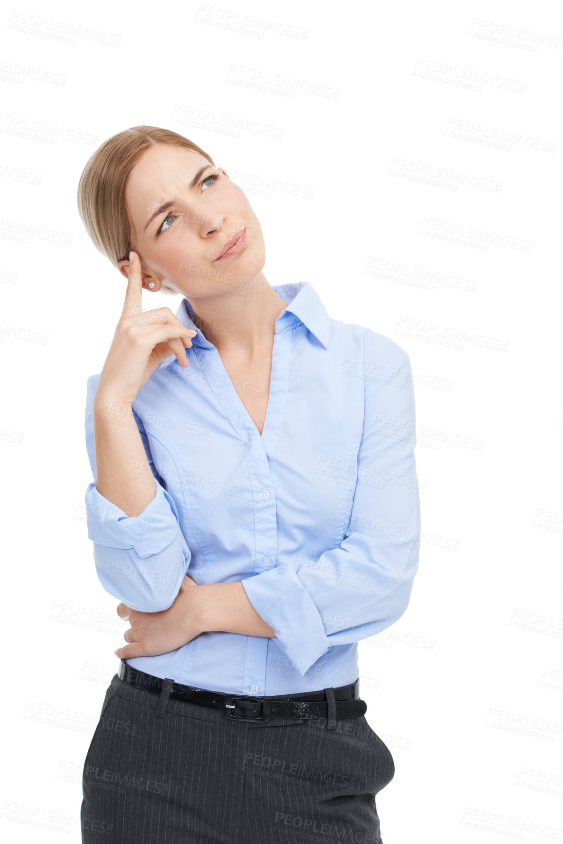 Buy stock photo Thinking, doubt and a business woman with ideas isolated on a white background with a decision or choice. Face of a female entrepreneur in studio with a question or idea for advertising and marketing