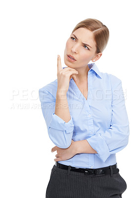 Buy stock photo Business woman, thinking and confused about question while isolated on a white background. Face of a female entrepreneur in studio to think about solution, idea or choice for mockup advertising