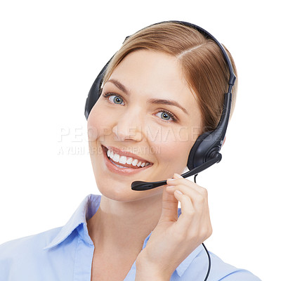 Buy stock photo Customer service, face portrait and woman at call center in studio isolated on white background. Crm, contact us and smile of happy female telemarketing worker, consultant or sales agent from Canada.