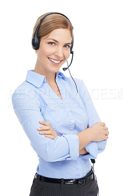 Buy stock photo Call center, portrait and woman in studio for telemarketing, contact us marketing or telecom. Proud woman consultant, customer support worker or callcenter employee smile on face on white background