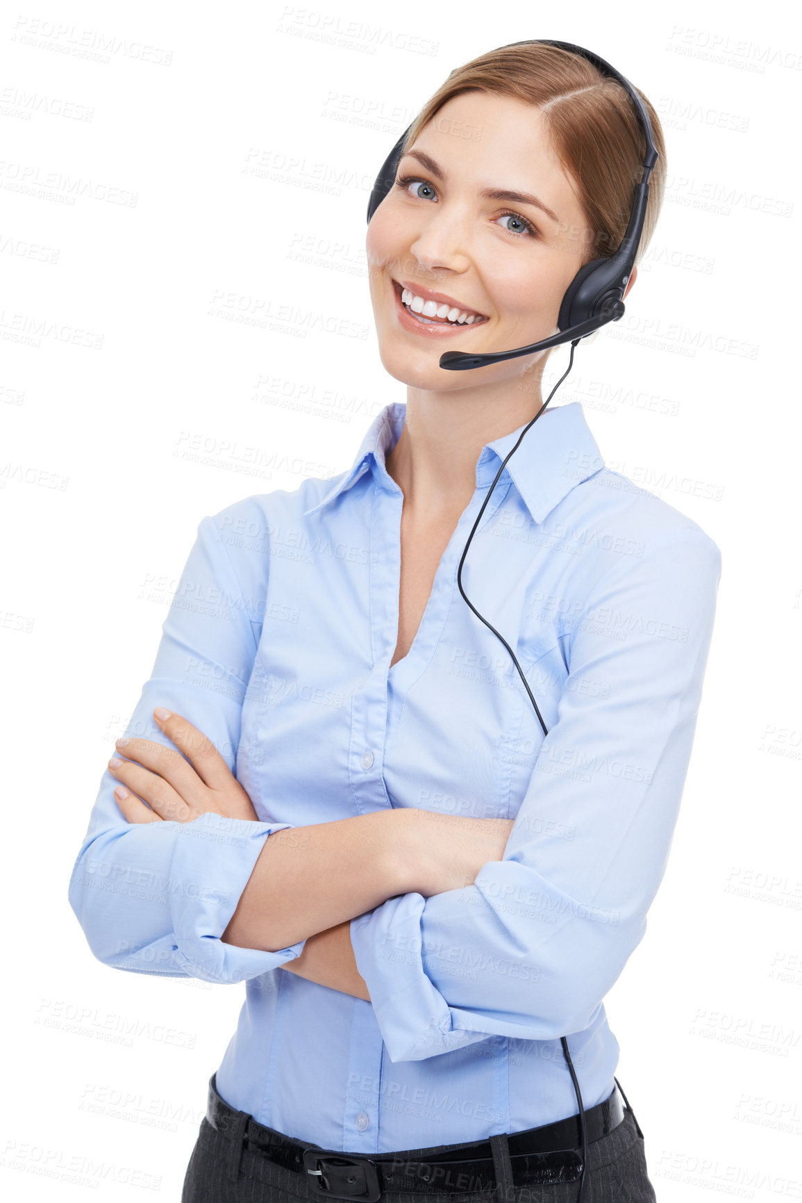 Buy stock photo Portrait, customer service and woman at call center in studio isolated on a white background. Face, contact us and smile of happy female telemarketing worker, consultant or sales agent from Canada.