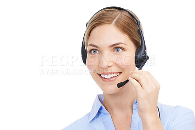 Buy stock photo Face, customer service and woman at call center in studio isolated on white background mockup. Crm, thinking and smile of happy female telemarketing worker, consultant or sales agent from Canada.
