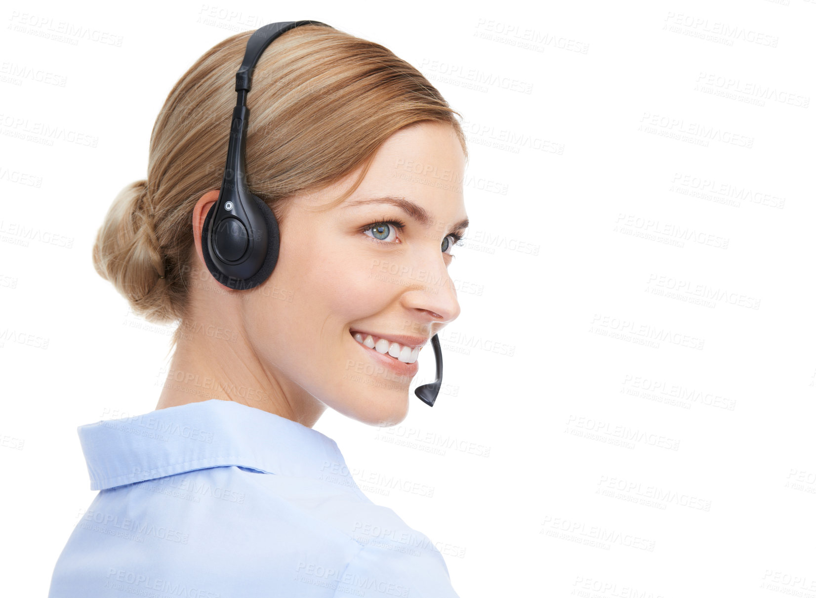 Buy stock photo Face, call center and customer service of woman in studio isolated on white background mock up. Crm, thinking and smile of happy female telemarketing worker, consultant or sales agent from Canada.