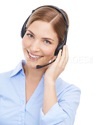 Buy stock photo Call center, customer service and face portrait of woman in studio isolated on white background mock up. Crm, contact us and happy female telemarketing worker, consultant or sales agent from Canada.