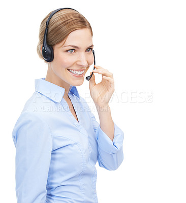 Buy stock photo Customer service, face and woman at call center in studio isolated on a white background mock up. Crm, thinking and smile of happy female telemarketing worker, consultant or sales agent with headset.