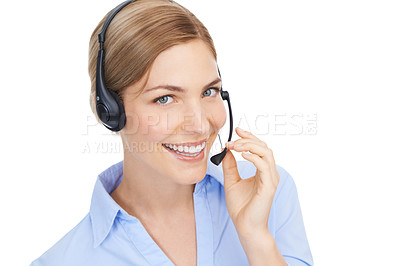 Buy stock photo Portrait, customer service and face of woman at call center in studio isolated on white background mock up. Crm, contact us or happy female telemarketing worker, consultant or sales agent from Canada